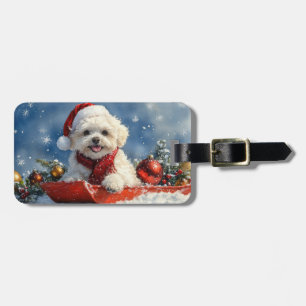 Etiqueta De Bagagem Bichon Frise Dog Sledge Deixe-o nevar no Natal
