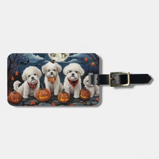 Etiqueta De Bagagem Bichon Frise Halloween Spooky (Frente Horizontal)