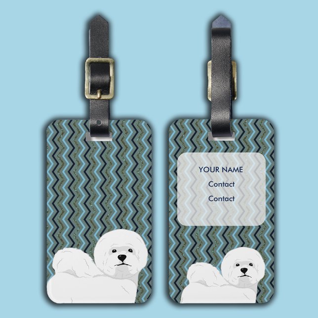Etiqueta De Bagagem Bichon Frise Personalizada - Marinho Azul Sage Che (Bichon Frise Personalized Luggage Tag)