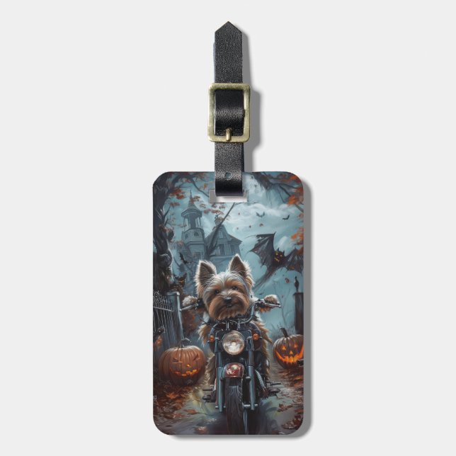 Etiqueta De Bagagem Biewer Terrier Dirigindo Motocicleta Assustador de (Frente Vertical)