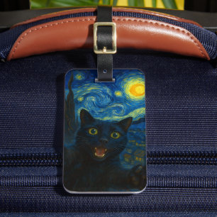 Etiqueta De Bagagem Black Cat Starry Night Van Gogh Cat Selfie