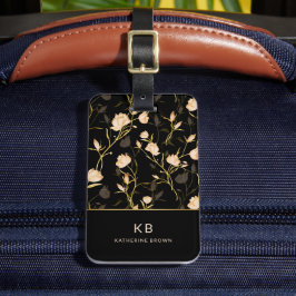 Etiqueta De Bagagem Black Gold Floral Pattern Trendy Stylish