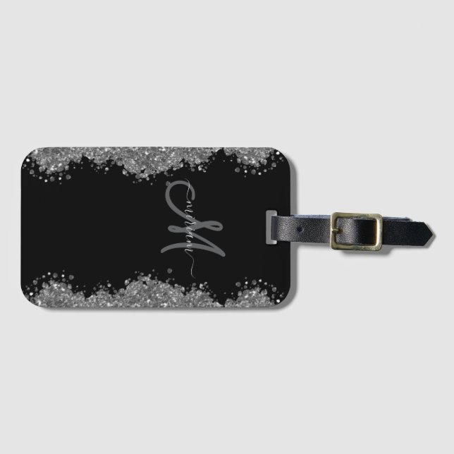 Etiqueta De Bagagem Black Silver Faux Glitter Grey Modern Monogram (Frente Horizontal)