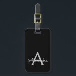 Etiqueta De Bagagem Black Silver Modern Script Girly Monographic Name<br><div class="desc">Monograma Silver e Preto Adicione seu próprio Travesseiro de Assinatura de Script de Nome. A etiqueta de mala faz o doce doce presente de 16 anos,  casamento,  chá de panela,  chá de fraldas ou festa de solteira para alguém que ama um estilo elegante e moderno.</div>