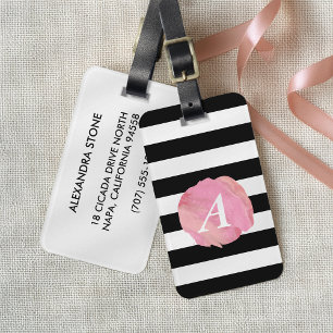 Etiqueta De Bagagem Black Stripe & Pink Watercolor Monograma Inicial