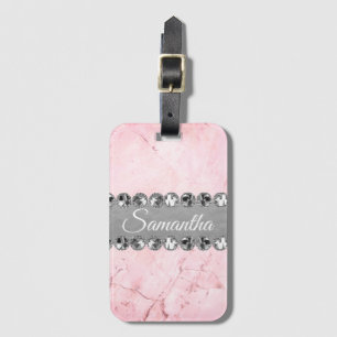 Etiqueta De Bagagem Bling de Diamante de Mármore Rosa Personalizado