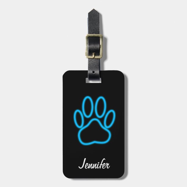 Etiqueta De Bagagem Blue Neon Dog Paw Imprime A Preto (Frente Vertical)