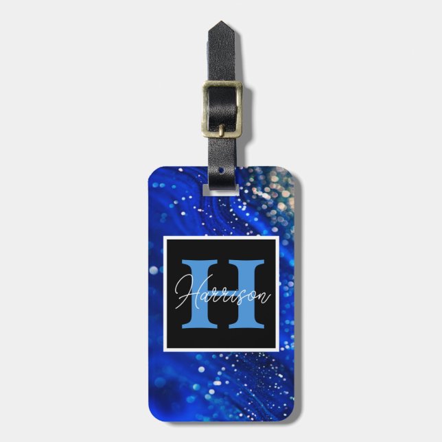 Etiqueta De Bagagem Blue Shimmer Name & Monogram  (Frente Vertical)