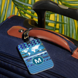Etiqueta De Bagagem Blue Stripes Turquesa Monograma Marmoreado