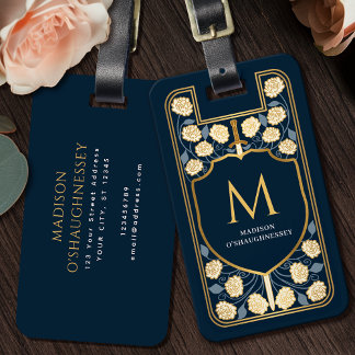 Etiqueta De Bagagem Blue Sword Shield Medieval Fantasy Monograma