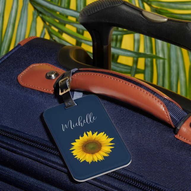 Etiqueta De Bagagem Boho Sunflower Personalizado Azul-Marinho Elegante (Frente Insitu 1)