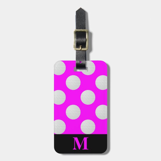 Etiqueta De Bagagem Bolas de golfe brancas Monogram, Rosa (Frente Vertical)