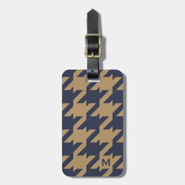 Etiqueta De Bagagem Bold houndstooth castanho-marinho moderno com mono (Frente Vertical)