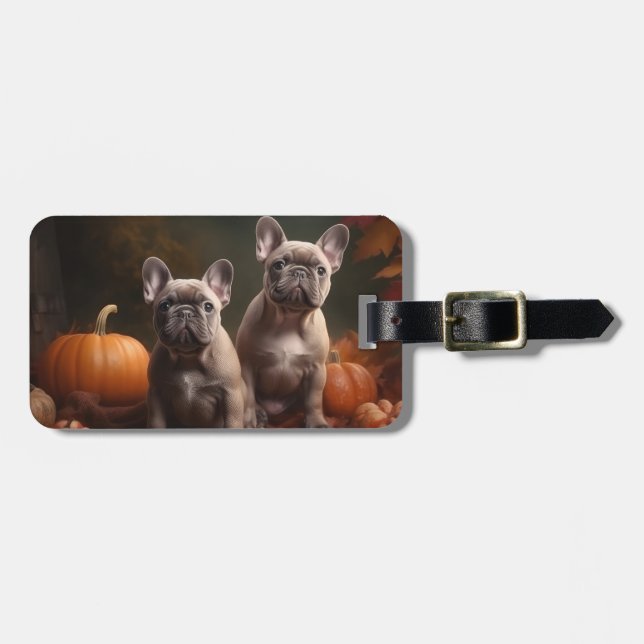 Etiqueta De Bagagem Boliche Francês Puppy Autumn Delight Pumpkin (Frente Horizontal)