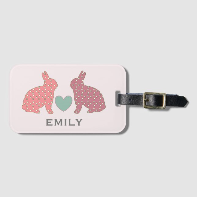 Etiqueta De Bagagem Bolinhas Bunnies Rosa Personalizado (Frente Horizontal)