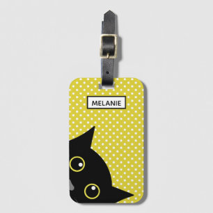 Etiqueta De Bagagem Bolinhas curiosas do amarelo do gato preto