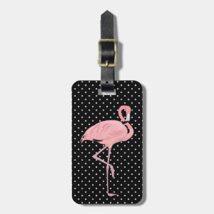 Etiqueta De Bagagem Bolinhas pretas & brancas bonito com flamingo