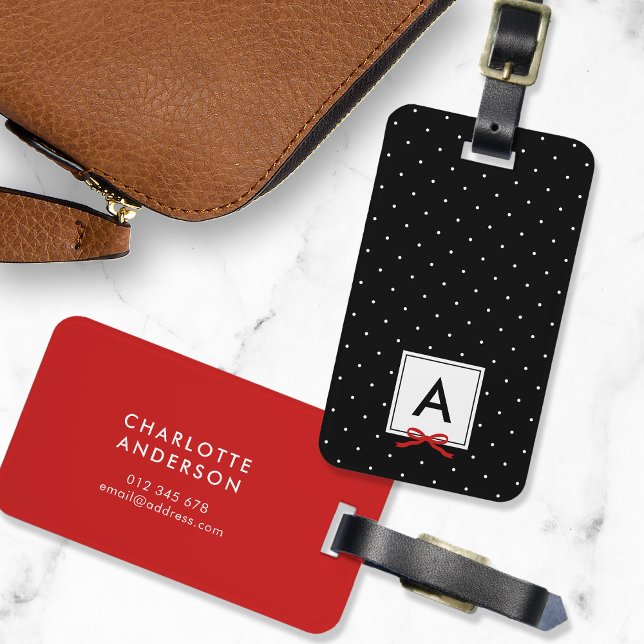 Etiqueta De Bagagem Bolinhas Vermelho Básico Monograma Preto (Criador carregado)