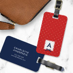 Etiqueta De Bagagem Bolinhas Vermelho de Fita Azul-Chic Monograma<br><div class="desc">estilo viagem com esta etiqueta de bagagem monográfica, com um quadrado bordado vermelho, com uma fita azul contra um padrão de bolinhas vermelho e branco. Personalize-o substituindo o texto do marcador de posição. Para obter mais opções, como alterar a fonte e seu tamanho/cor ou o espaçamento entre letras, clique no...</div>