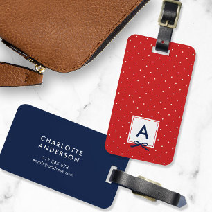 Etiqueta De Bagagem Bolinhas Vermelho de Fita Azul-Chic Monograma