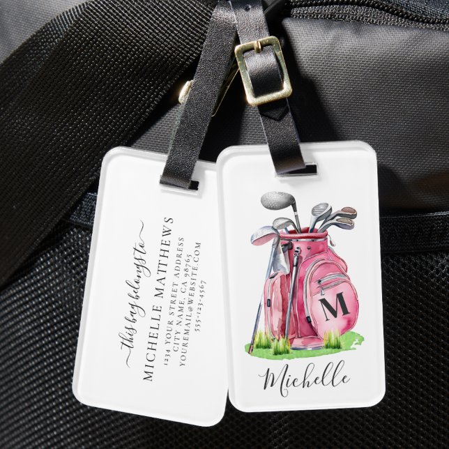 Etiqueta De Bagagem Bolsa de Golfe de Monograma Rosa (Pink Monogram Golf Bag Luggage Tag)