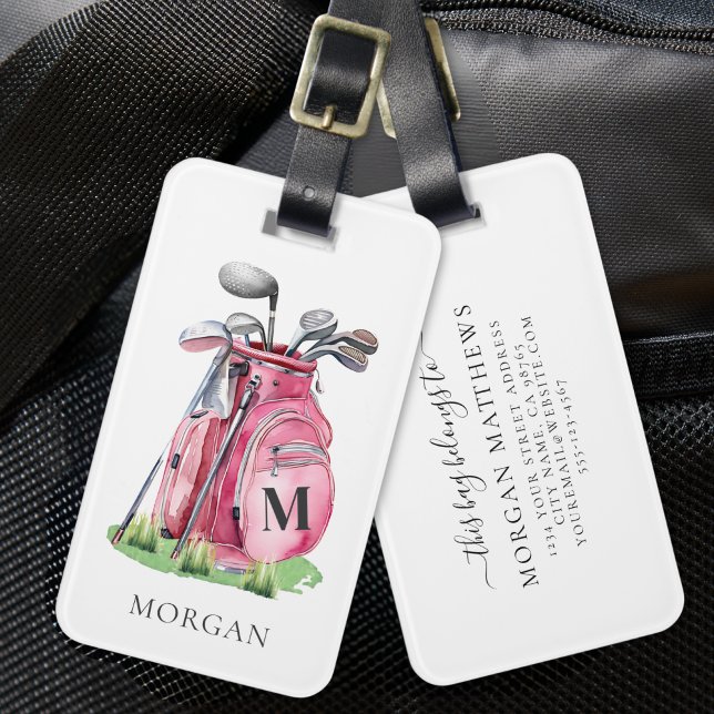 Etiqueta De Bagagem Bolsa de Golfe Rosa Monogramada (Monogram Pink Golf Bag Luggage Tag)