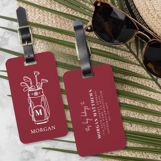 Etiqueta De Bagagem Bolsa de Golfe Vermelha Monogramada (Monogram Red Golf Bag Luggage Tag)