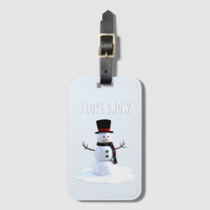 Etiqueta De Bagagem Boneco de neve com chapéu e cachecol. Eu Amo Neve