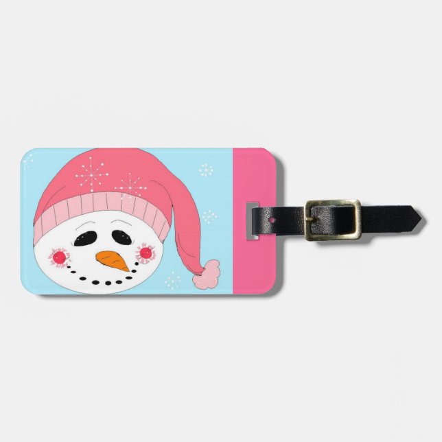 Etiqueta De Bagagem Boneco de Neve com um Chapéu Rosa (Frente Horizontal)