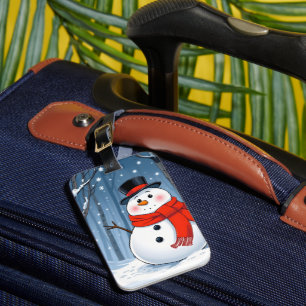 Etiqueta De Bagagem Boneco de neve na floresta fria com cachecol verme