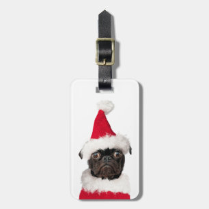 Etiqueta De Bagagem Bonito Natal Preto Pug Puppy Santa Hat