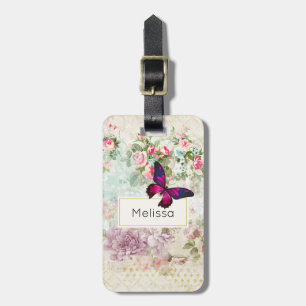 Etiqueta De Bagagem Borboleta Rosa e Rosas Vintage Desbotadas