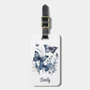 Etiqueta De Bagagem Borboletas de arte Delft azul e branco com flores