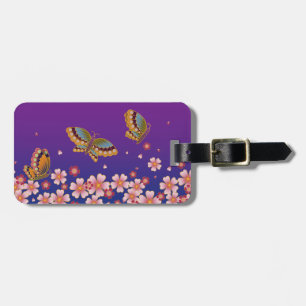 Etiqueta De Bagagem Borboletas Japonesas e Sakura Brilhante Azul Roxo