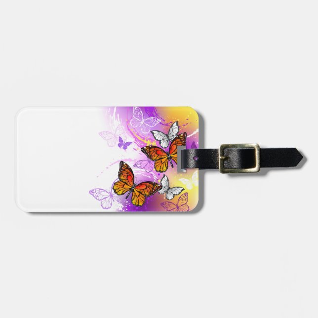 Etiqueta De Bagagem Borboletas Monarcas em Fundo Roxo (Frente Horizontal)