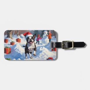 Etiqueta De Bagagem Boston Terrier Cena Festiva de Natal com Neve