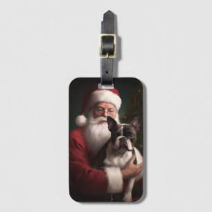 Etiqueta De Bagagem Boston Terrier com Papai Noel Natal Festivo