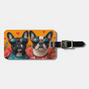 Etiqueta De Bagagem Boston Terrier Com Rosas do Coração Dia dos Namora