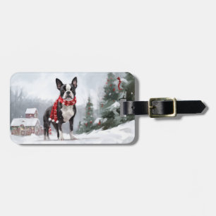 Etiqueta De Bagagem Boston Terrier Dog no Natal da neve