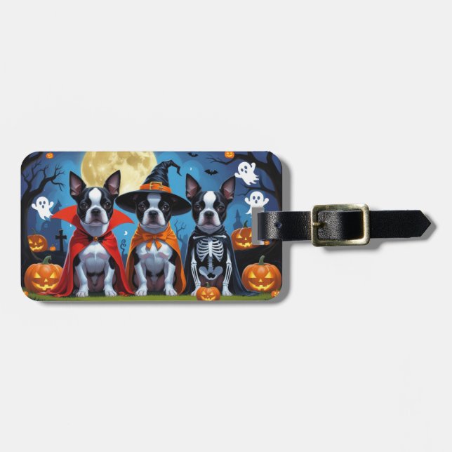 Etiqueta De Bagagem Boston Terrier Dogs Pumpkin Halloween Engraçado (Frente Horizontal)