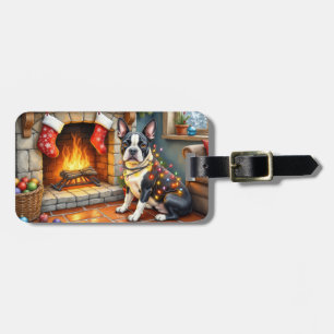 Etiqueta De Bagagem Boston Terrier Lareira com Luzes de Natal