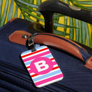 Etiqueta De Bagagem Bright Pink and Blue Candy Stripes Monogram