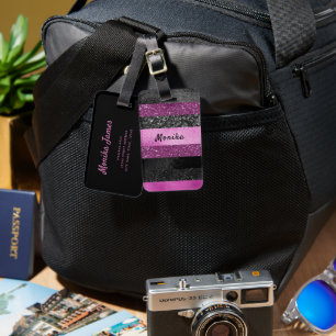 Etiqueta De Bagagem Brilhante Rosa Quente e Preto-Chic Personalizado
