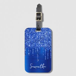 Etiqueta De Bagagem Brilho Azul Real Glitter Glam Nome