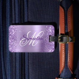 Etiqueta De Bagagem Brilho Luz Roxo Foil Fancy Monograma