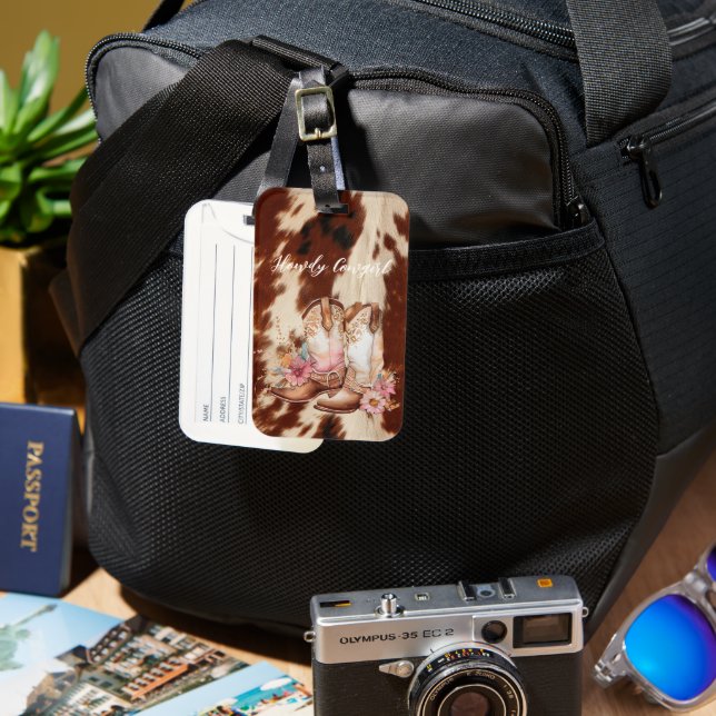 Etiqueta De Bagagem Brown Cream Cowhide CowGirl Floral Boots (Frente e Verso)