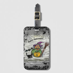 Etiqueta De Bagagem Bruxa, Gato, Bat e Pumpkin, Feliz Halloween!