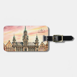 Etiqueta De Bagagem Bruxelas Bélgica Aquarela Grande Palácio
