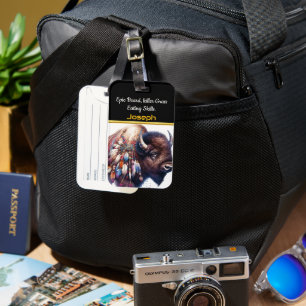 Etiqueta De Bagagem Búfalo Com Penas Artísticas Vibrantes