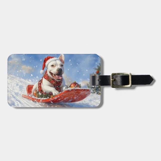 Etiqueta De Bagagem Bull Terrier Dog Sledge Deixe nevar Natal (Frente Horizontal)